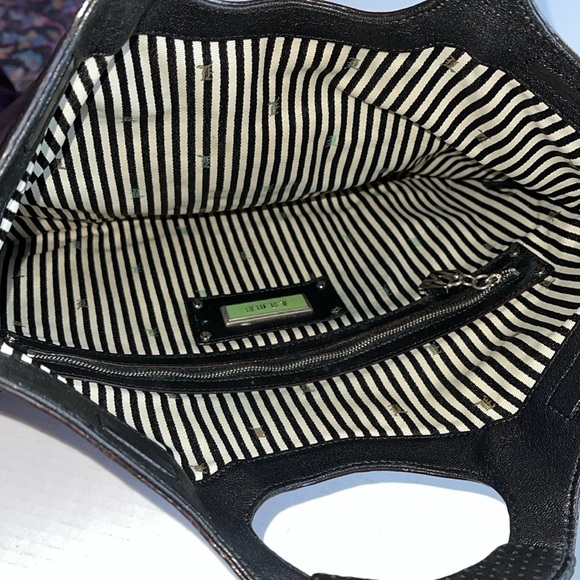 L.A.M.B. Gwen Stefani Black White Silver Stripe Leather Bag Clutch Tote Vintage - Picture 5 of 12